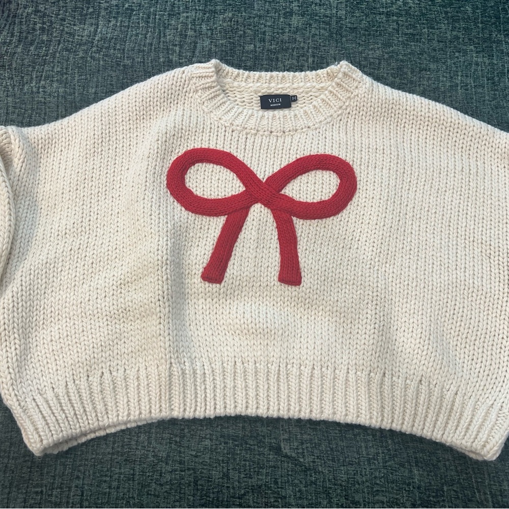 Vici Cream Knit Sweater with Red Bow Accent